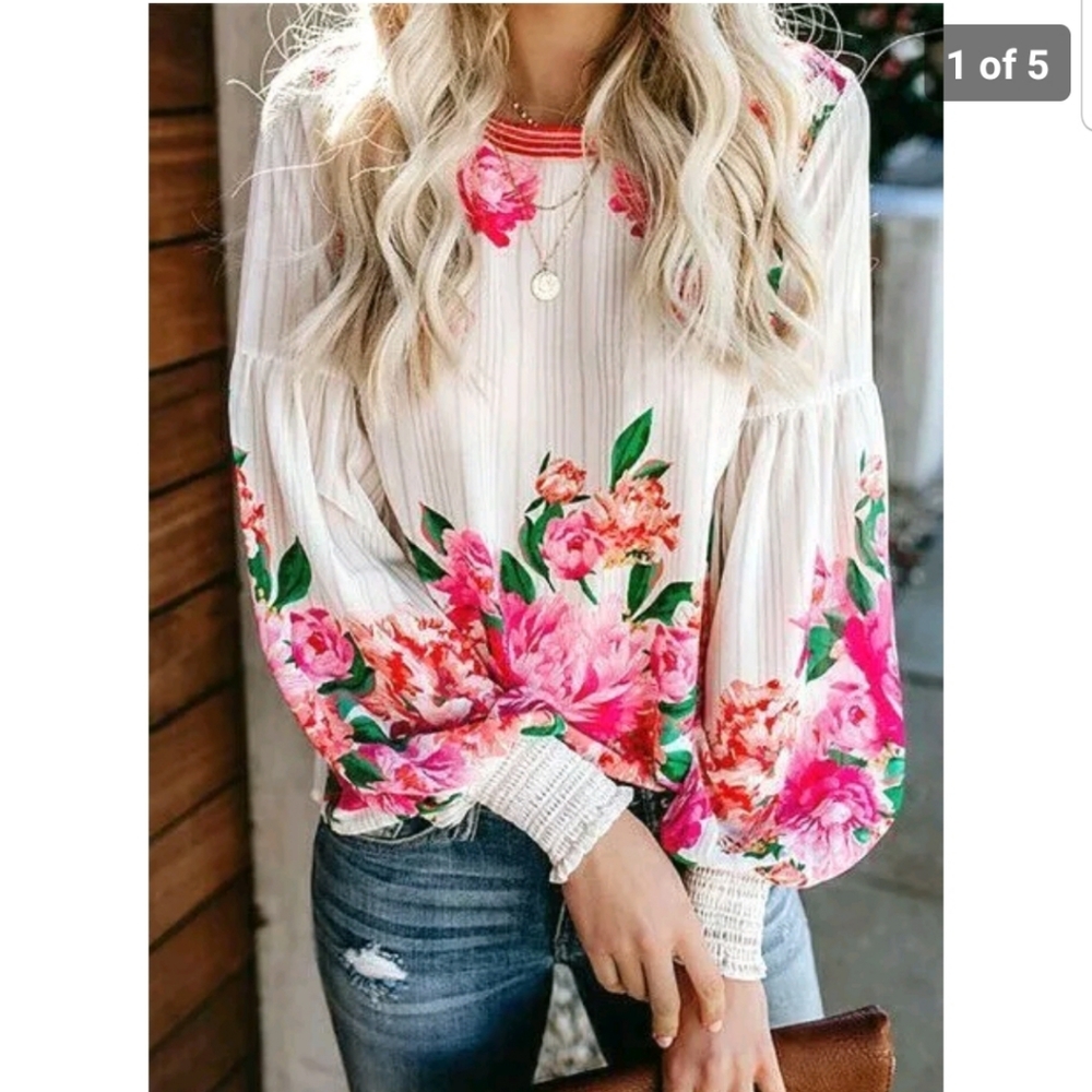 Crewneck Floral Printed Crepe Smocked Cuff Balloon Sleeves Blouse MEDIUM